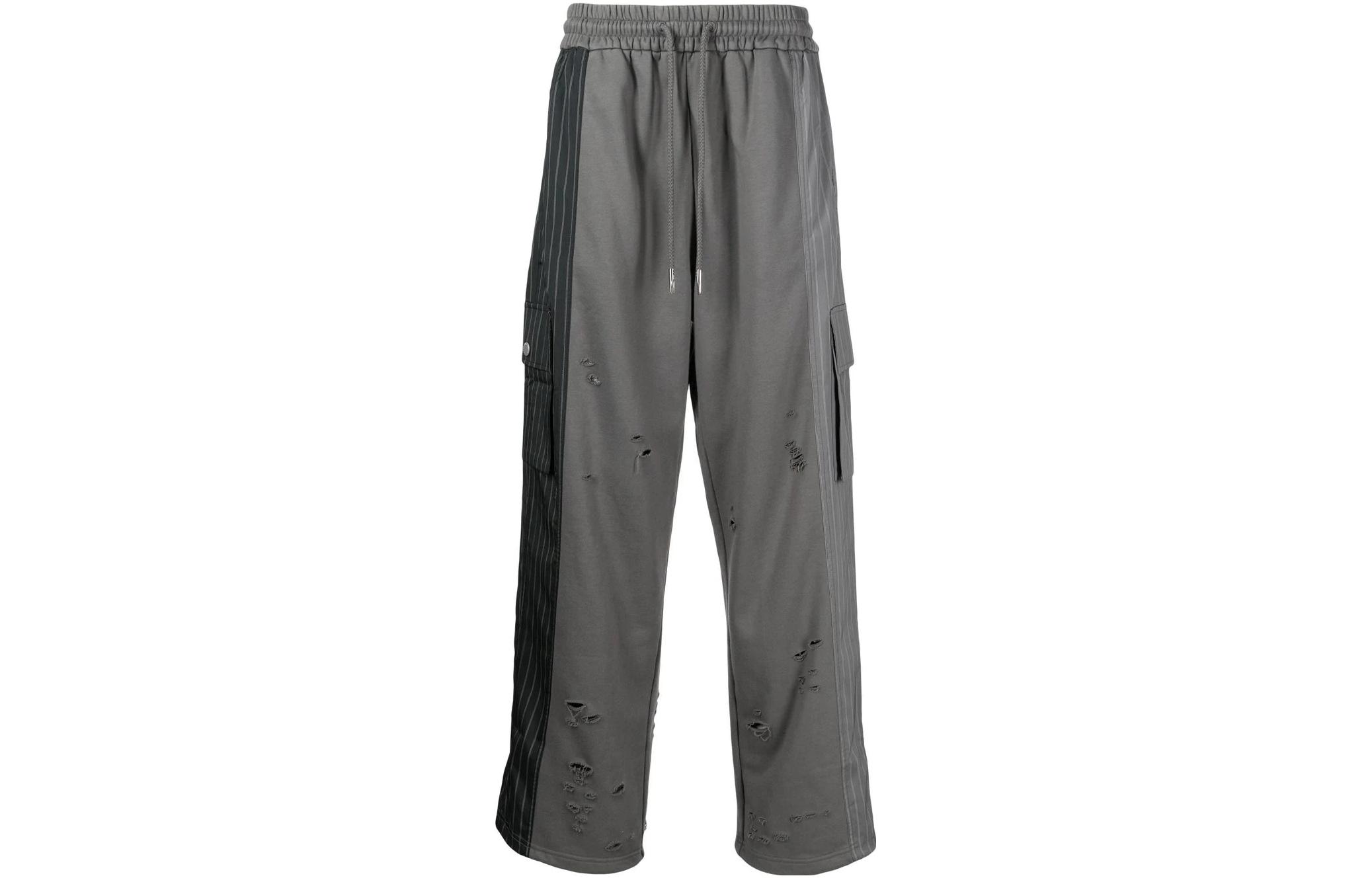 FENG CHEN WANG SS23 Striped High-Waisted Straight-Leg Pants Grey Menswear FMS15TR10