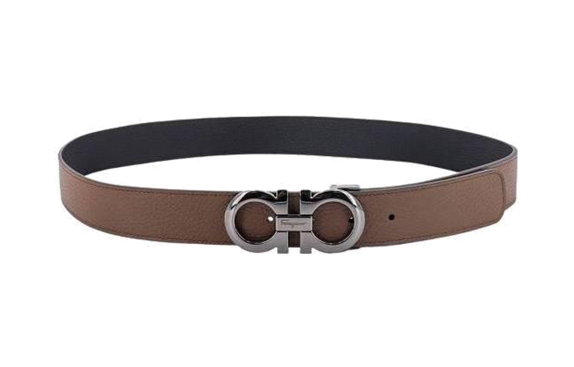 FERRAGAMO  Black & Brown Leather Belt with Smooth Buckle 3.5cm Wide. 675542705614BROWNSUGA