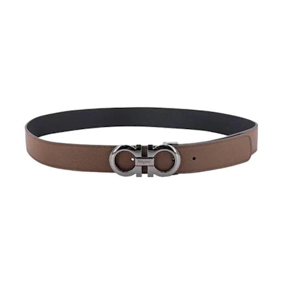 FERRAGAMO Black & Brown Leather Belt with Smooth Buckle 3.5cm Wide. 675542705614BROWNSUGA