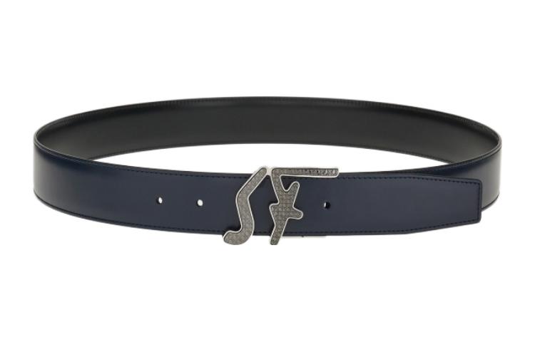 Ferragamo  Black/Blue Leather Belt with Simple Smooth Buckle, 3.5cm Width. 670184-758618