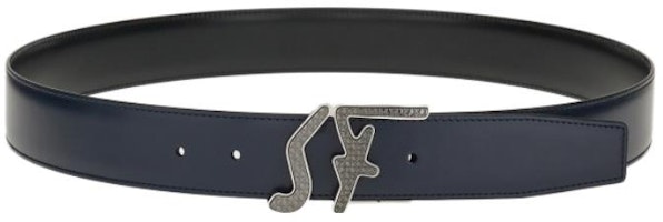 Ferragamo Black/Blue Leather Belt with Simple Smooth Buckle, 3.5cm Width. 670184-758618 Ferragamo Black/Blue Leather Belt with Simple Smooth Buckle, 3.5cm Width. 670184-758618