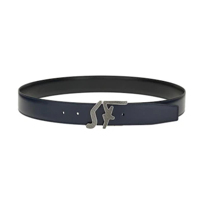 Ferragamo Black/Blue Leather Belt with Simple Smooth Buckle, 3.5cm Width. 670184-758618