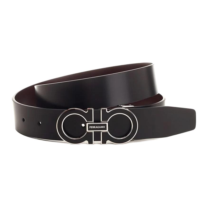 FERRAGAMO  Black Calfskin Leather Belt with Logo Buckle 3.5cm Wide. 670384776399