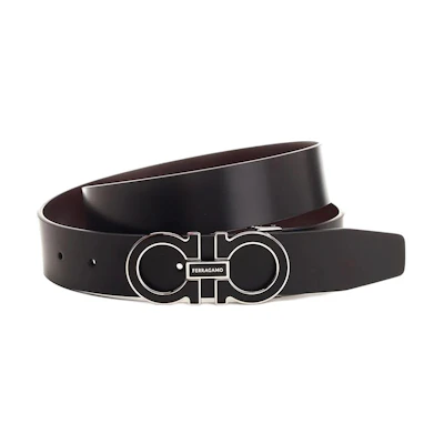 FERRAGAMO Black Calfskin Leather Belt with Logo Buckle 3.5cm Wide. 670384776399