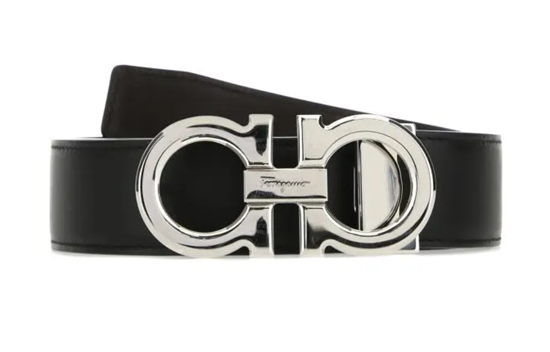 Ferragamo  Black Leather Belt Double Metal Buckle 3.5cm. 679710686671