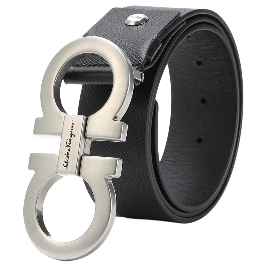 Ferragamo  Black Leather Belt Smooth Buckle Grain Texture 3.5cm. 679068 00