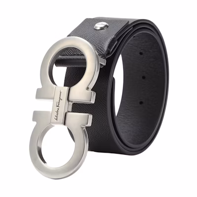Ferragamo Black Leather Belt Smooth Buckle Grain Texture 3.5cm. 679068 00