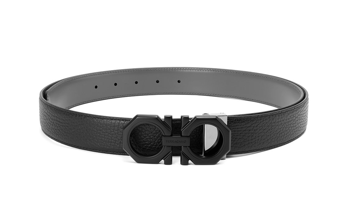 FERRAGAMO  Black Leather Belt with Engraved Buckle, 3cm Width. 6702660765786NERDA