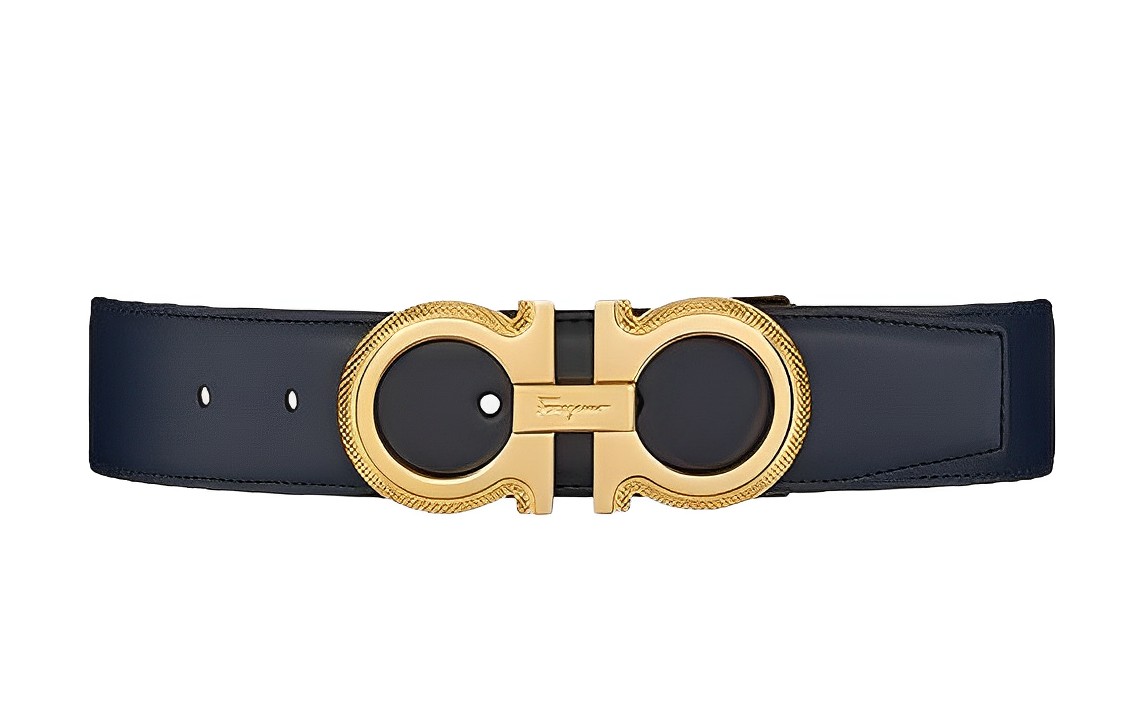 Ferragamo  Black Leather Belt with Gold Logo Buckle, 3.5cm Wide. 67-0141-754463