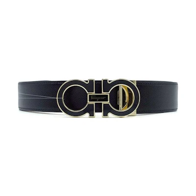 Ferragamo Black Leather Belt with Logo Buckle - 3.5cm Width. 0743703