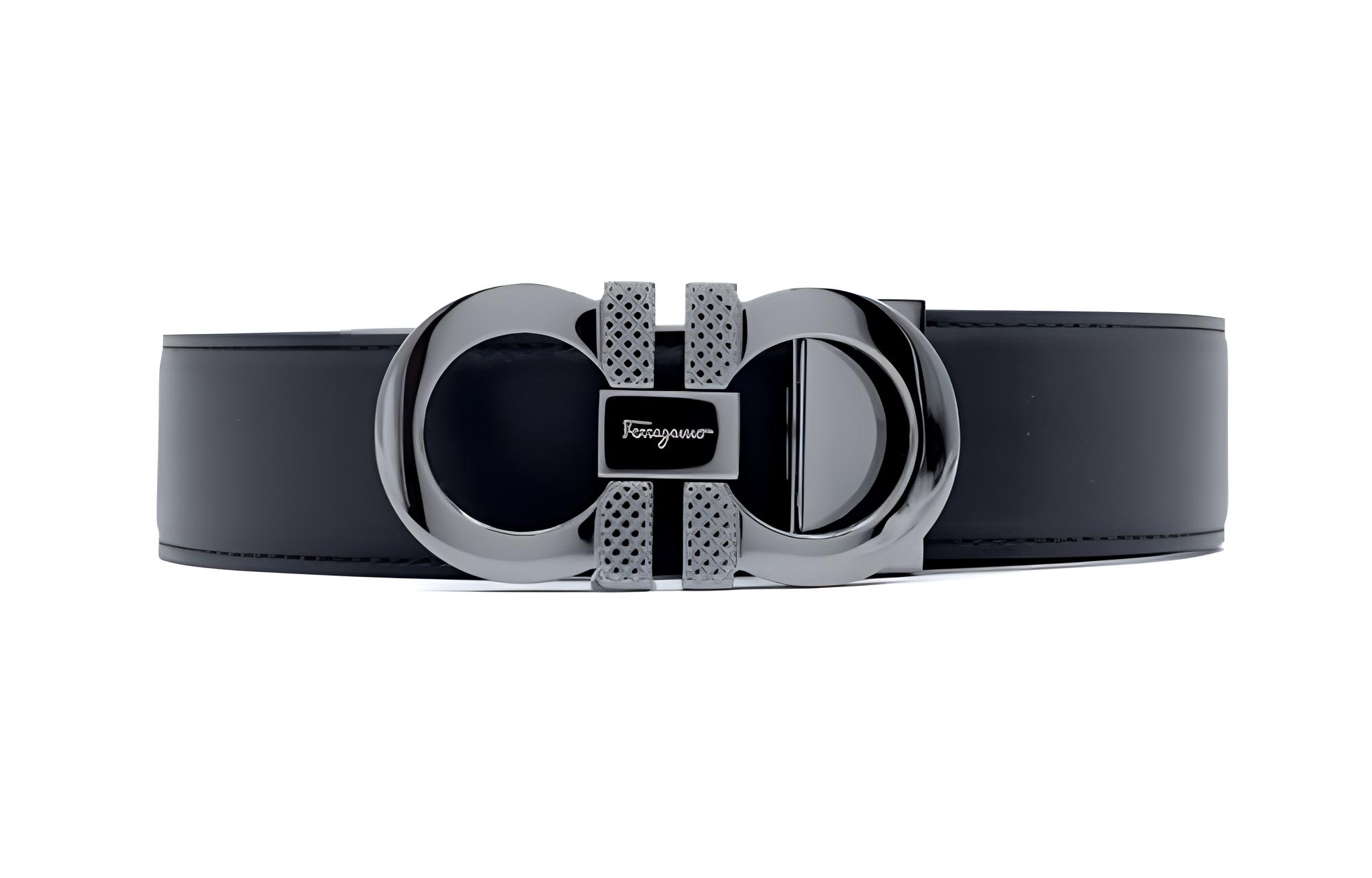 FERRAGAMO  Black Leather Belt with Logo Buckle, Width 3.5cm. 0750184