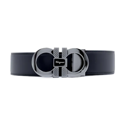 FERRAGAMO Black Leather Belt with Logo Buckle, Width 3.5cm. 0750184