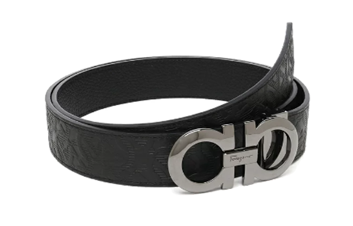 Order Ferragamo Tali Pinggang Kulit Hitam Logo Terukir Gesper Licin 3.5cm. 675542756372