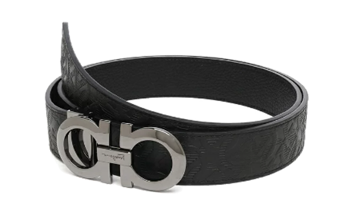 Shop Ferragamo Tali Pinggang Kulit Hitam Logo Terukir Gesper Licin 3.5cm. 675542756372