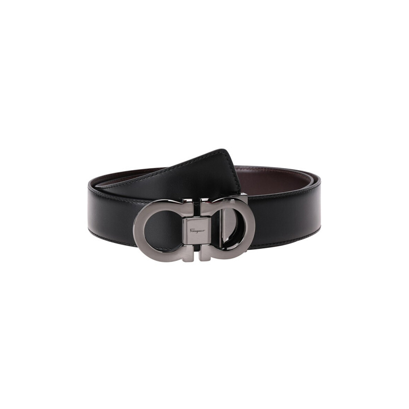 FERRAGAMO  Black Leather Belt with Logo Print and Smooth Buckle 3.4CM. 67 9535 644557