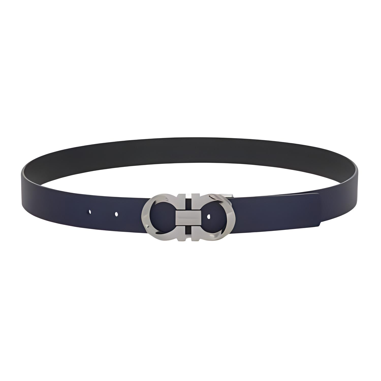 FERRAGAMO  Blue Calfskin Leather Belt with Logo Buckle, 3.5CM Width. 670371775795