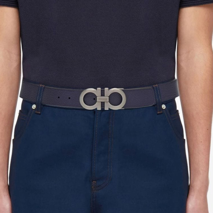 FERRAGAMO  Blue Calfskin Leather Belt with Logo Buckle, 3.5CM Width. 670371775795 圖 4