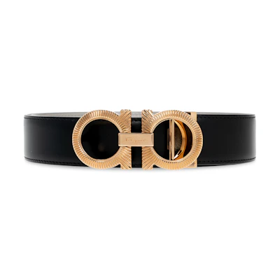 FERRAGAMO Gancini Logo Black Leather Belt Gold Buckle, 3.5cm Width. 670090-750196