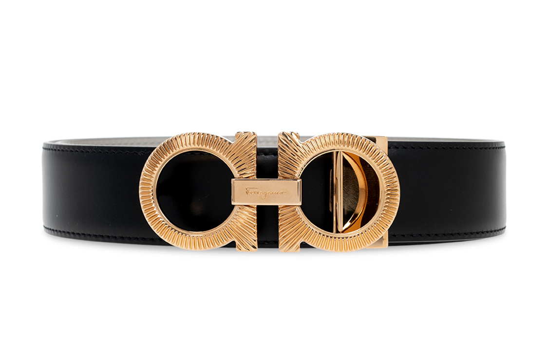 Order FERRAGAMO Cinturón de Cuero Negro Gancini Logo Hebilla Dorada, Ancho 3.5cm. 670090-750196