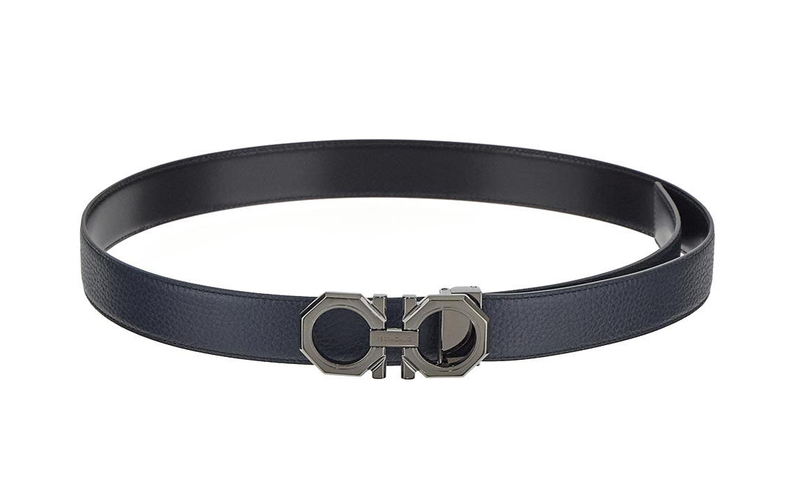 Ferragamo  Leather Belt Black/Blue with Brand Logo Design 0765787BLUEMARINE