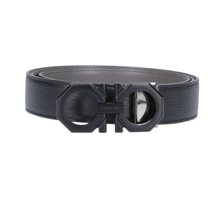 Ferragamo  Leather Belt Black with Letter Logo Smooth Buckle 3.2CM Wide 765786