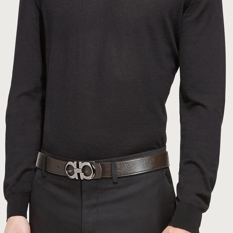 FERRAGAMO  Reversible Black Leather Belt with Silver Buckle - 3.5cm. 675542-689112 圖 3