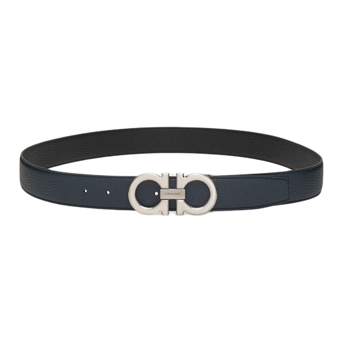 FERRAGAMO  Reversible Black/Navy Leather Belt with Smooth Buckle 3.5cm 0697875