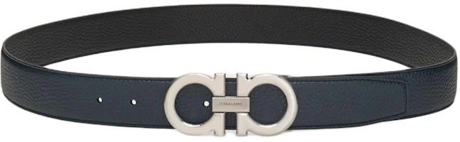 FERRAGAMO Reversible Black/Navy Leather Belt with Smooth Buckle 3.5cm 0697875 FERRAGAMO Reversible Black/Navy Leather Belt with Smooth Buckle 3.5cm 0697875