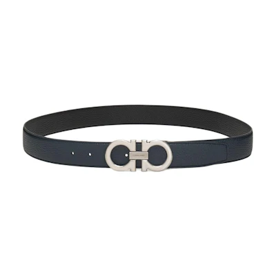 FERRAGAMO Reversible Black/Navy Leather Belt with Smooth Buckle 3.5cm 0697875
