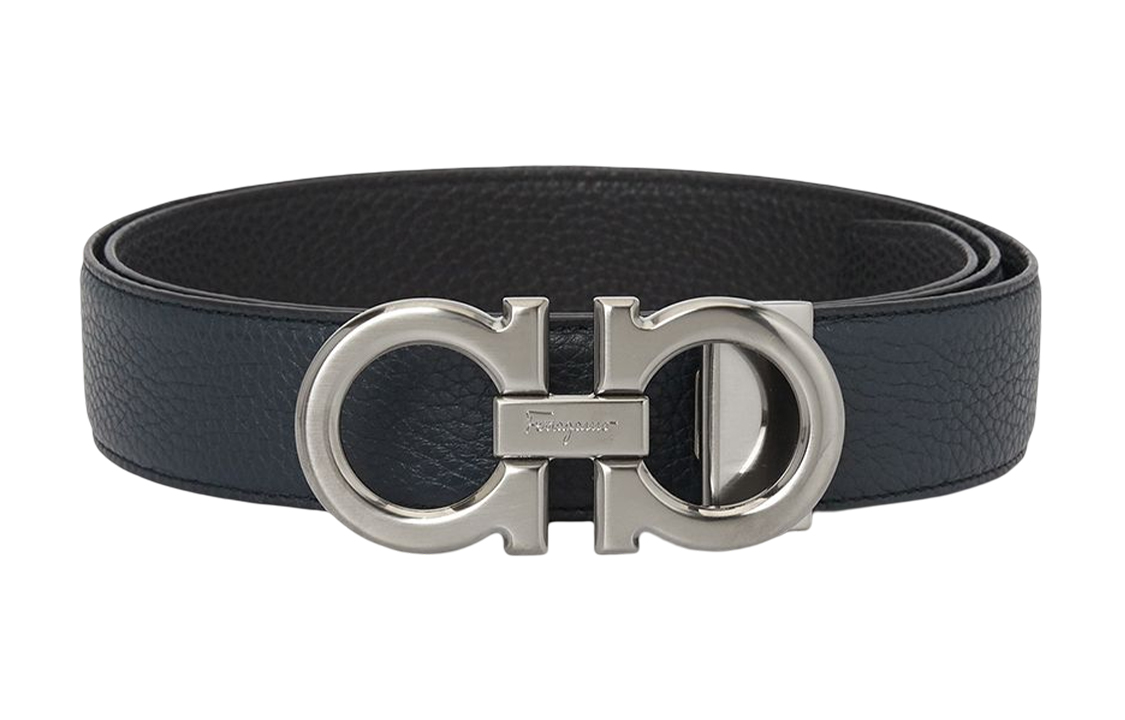 FERRAGAMO  Reversible Black/Navy Leather Belt with Smooth Buckle 3.5cm 0697875 圖 2