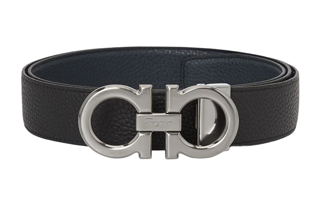 FERRAGAMO  Reversible Black/Navy Leather Belt with Smooth Buckle 3.5cm 0697875 圖 3