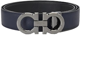 FERRAGAMO Reversible Leather Belt Black/Deep Blue 3.5cm Adjustable 679710-687611 FERRAGAMO Reversible Leather Belt Black/Deep Blue 3.5cm Adjustable 679710-687611