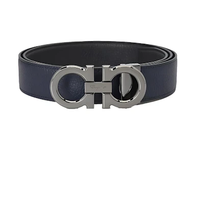 FERRAGAMO Reversible Leather Belt Black/Deep Blue 3.5cm Adjustable 679710-687611