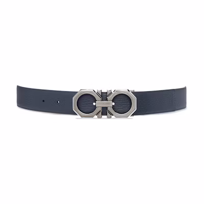 FERRAGAMO Reversible Logo Engraved Smooth Buckle Belt, Navy Blue, 3.2cm. 670266765787