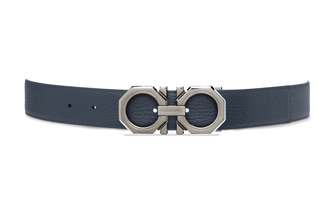 FERRAGAMO  Reversible Logo Engraved Smooth Buckle Belt, Navy Blue, 3.2cm. 670266765787 圖 2
