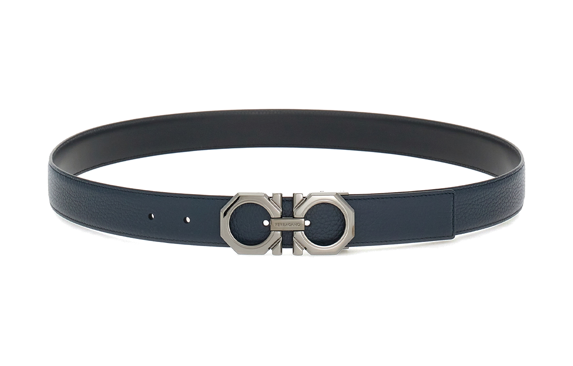 FERRAGAMO  Reversible Logo Engraved Smooth Buckle Belt, Navy Blue, 3.2cm. 670266765787 圖 3