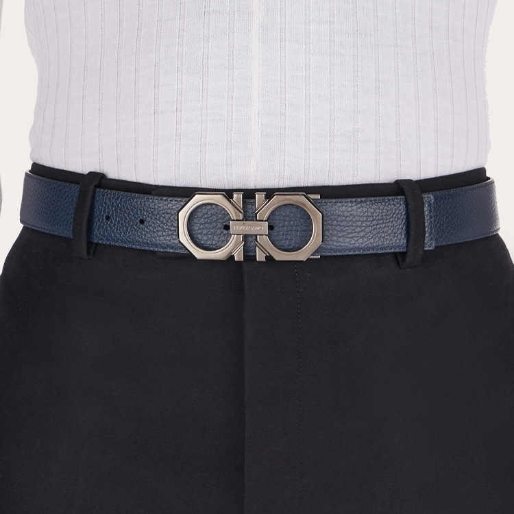 FERRAGAMO  Reversible Logo Engraved Smooth Buckle Belt, Navy Blue, 3.2cm. 670266765787 圖 4