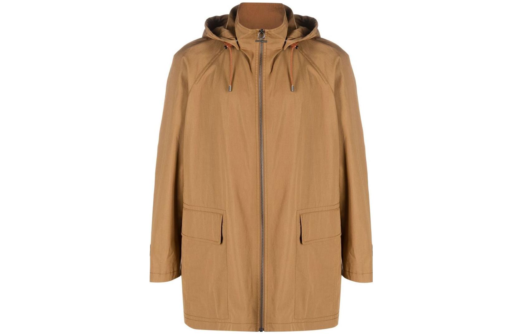 FERRAGAMO  Solid Color Khaki Zip-Up Hooded Jacket 759240078