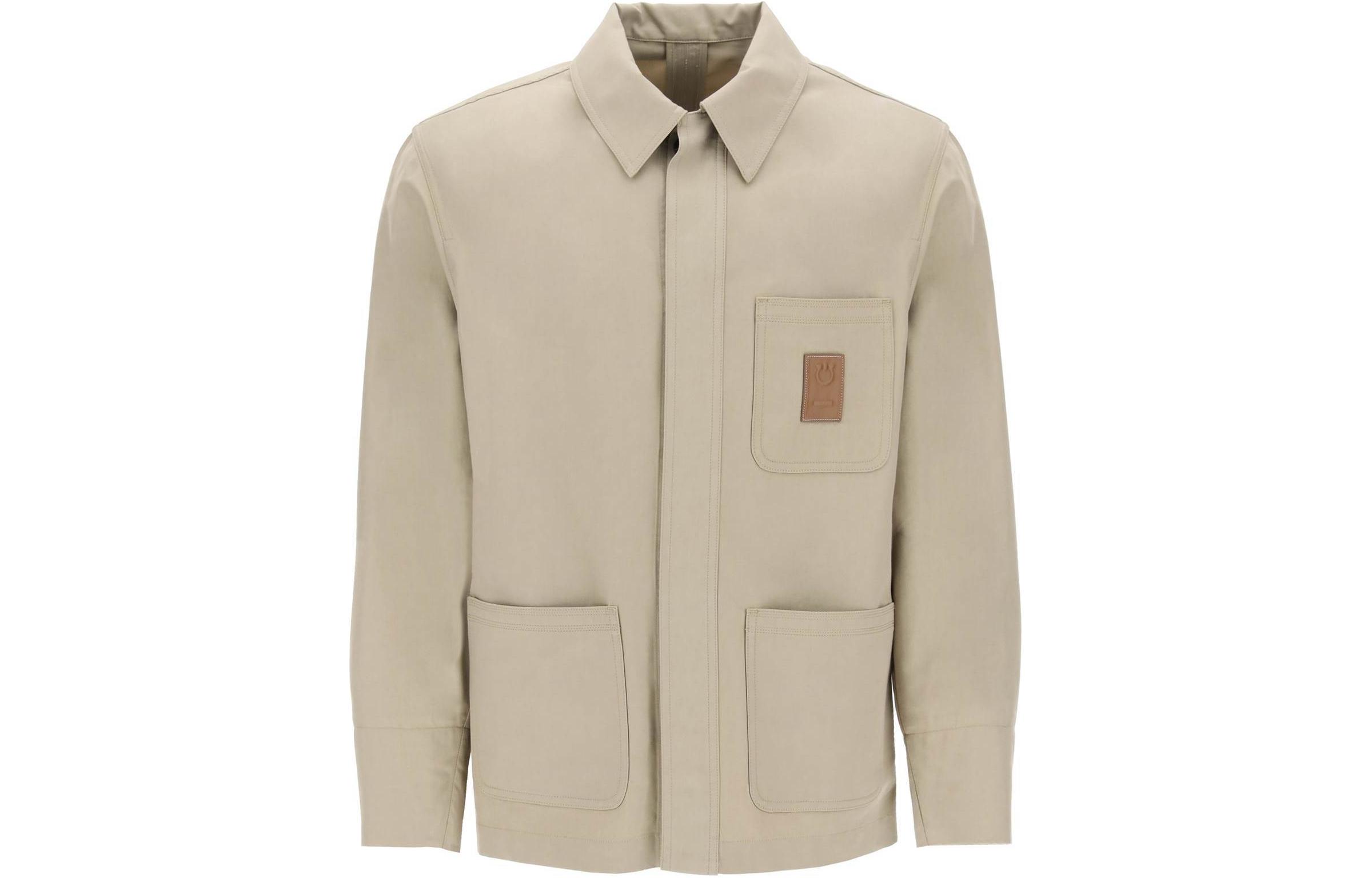 FERRAGAMO Beige Solid Logo Long-Sleeve Jacket 1438320771558
