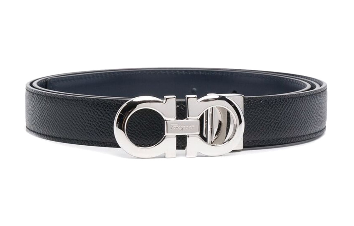 Ferragamo Black/Blue Leather Reversible Belt with Metal Buckle 2.3cm Wide 6700700746327 圖 2