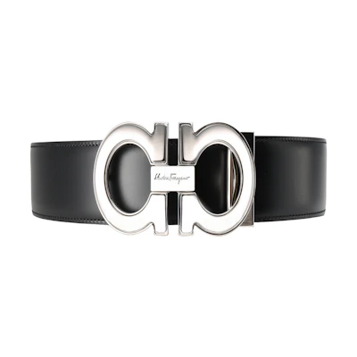 FERRAGAMO Black Leather Belt with Logo Buckle, 4cm Width 679494-0645904