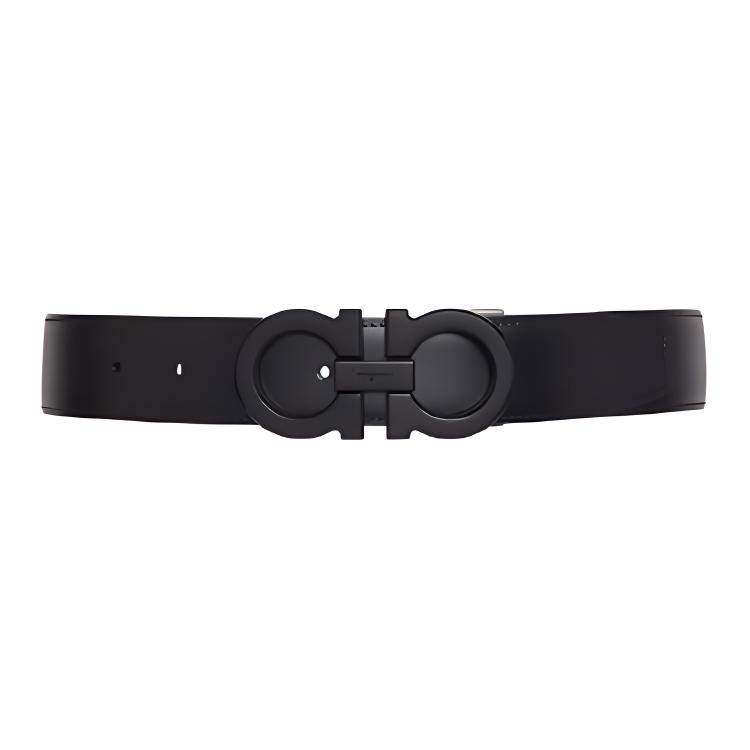 FERRAGAMO Black Leather Belt with Logo Smooth Buckle for Men - 3.5CM Width. 67 9710 688772