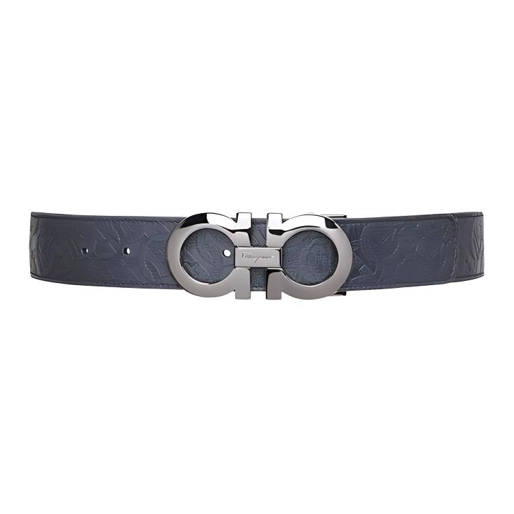 Ferragamo Classic Leather Belt Blue Black 3.5cm Width 675542—0735830
