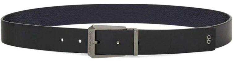 FERRAGAMO Engraved Logo Pin Buckle Calfskin Leather Belt Black/Blue 3cm Men. 775804 FERRAGAMO Engraved Logo Pin Buckle Calfskin Leather Belt Black/Blue 3cm Men. 775804