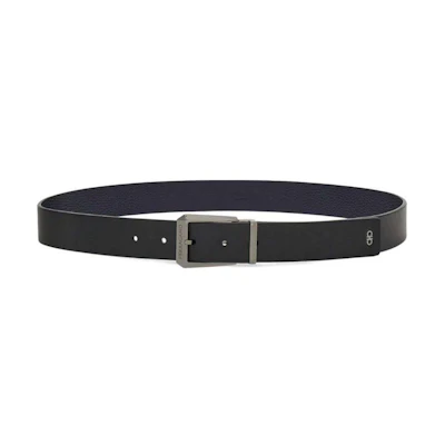 FERRAGAMO Engraved Logo Pin Buckle Calfskin Leather Belt Black/Blue 3cm Men. 775804