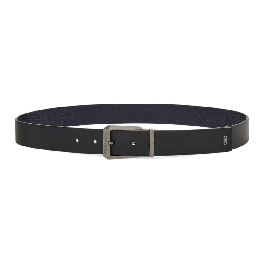 FERRAGAMO Engraved Logo Pin Buckle Calfskin Leather Belt Black/Blue 3cm Men. 775804 圖 2