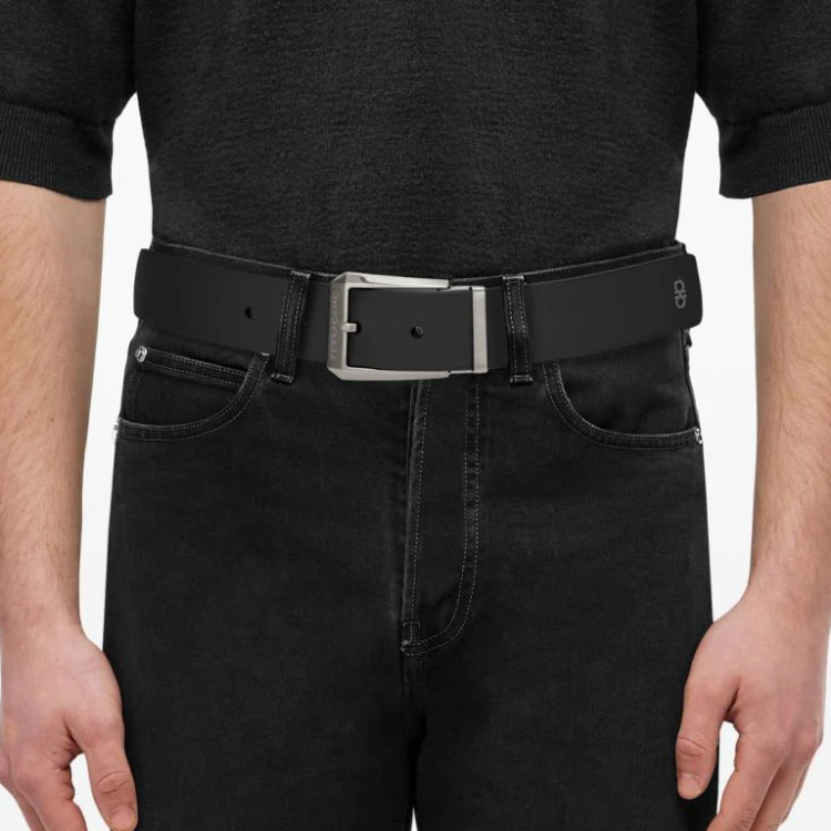 FERRAGAMO Engraved Logo Pin Buckle Calfskin Leather Belt Black/Blue 3cm Men. 775804 圖 5