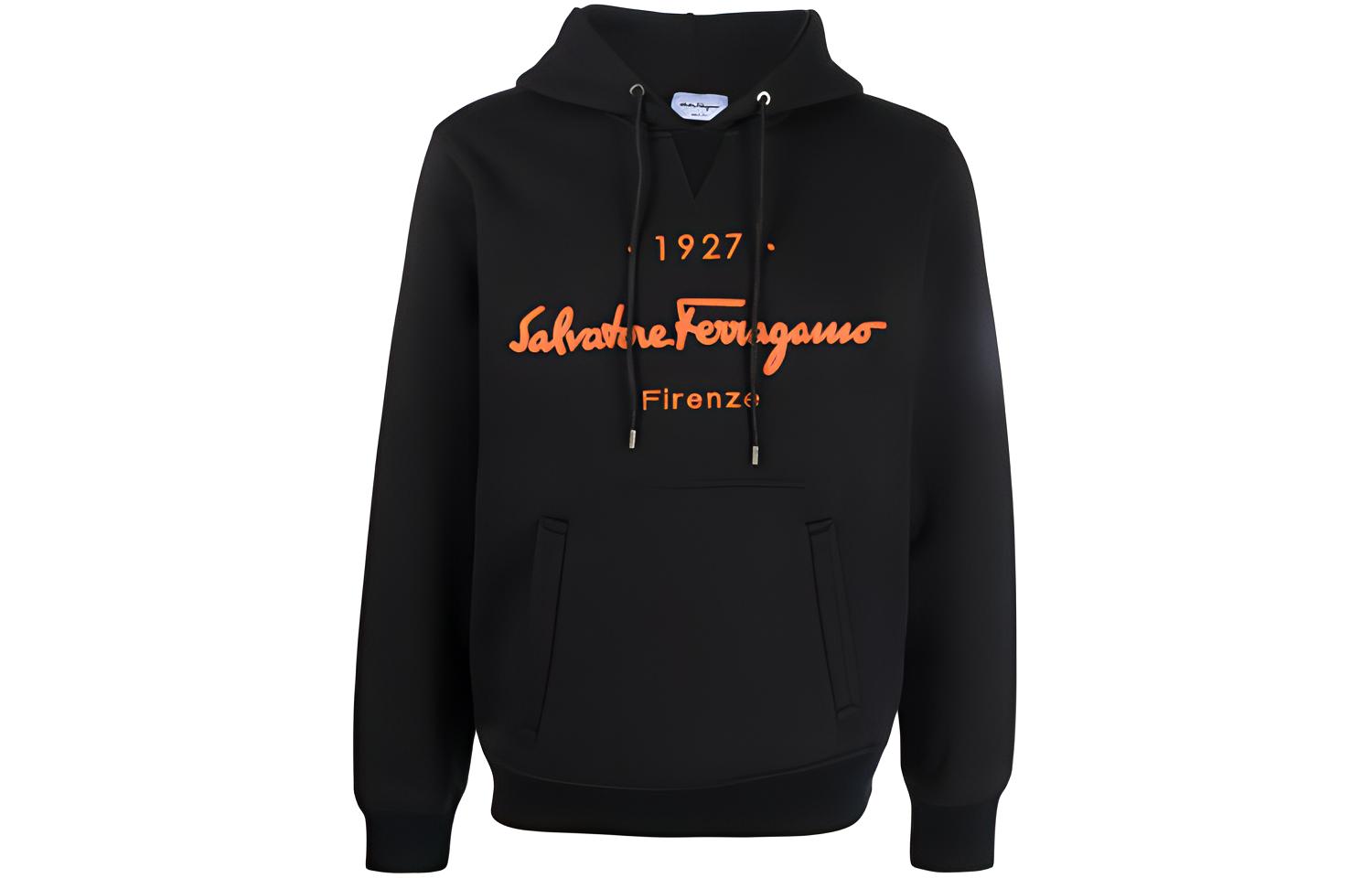 FERRAGAMO FW21 Logo Embroidered Drawstring Hoodie Black. 746606002