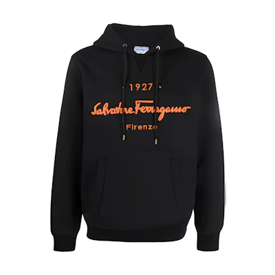 FERRAGAMO FW21 Logo Embroidered Drawstring Hoodie Black. 746606002