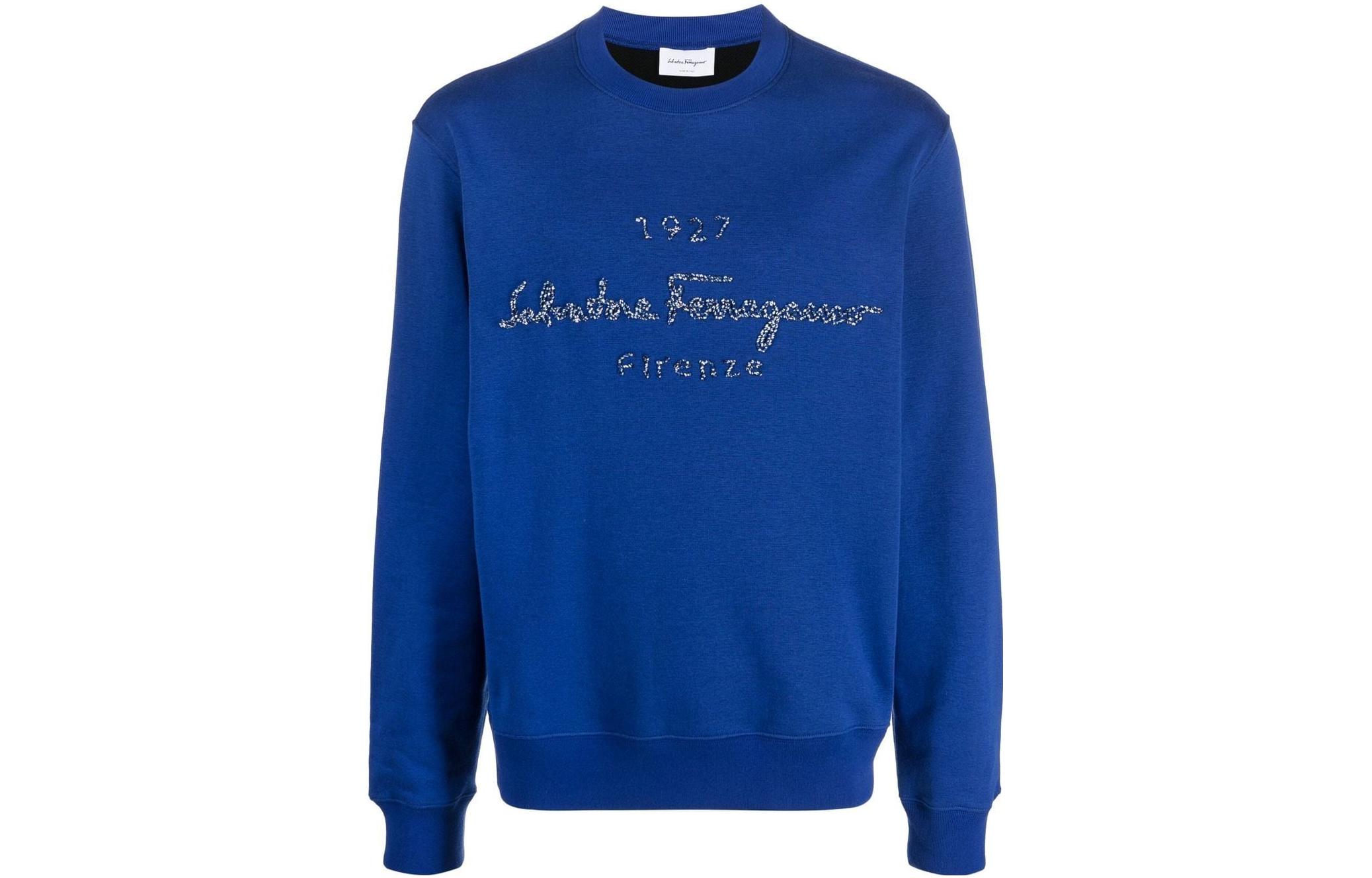 FERRAGAMO FW22 Solid Foil Logo Print Crewneck Sweatshirt Blue () 121434-754329